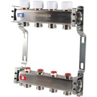 Коллектор Rommer 1"x3/4" на 4 контура с запорными клапанами (нерж. сталь) RMS-3200-000004