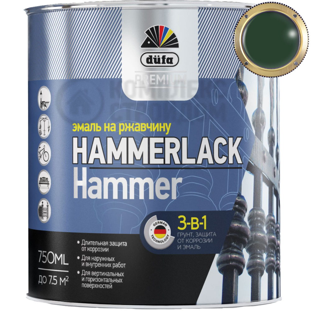 DUFA PREMIUM HAMMERLACK 3в1 эмаль на ржавчину молотковая темно-зеленая 0.75 л.