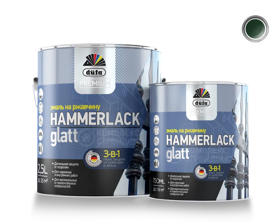 DUFA PREMIUM HAMMERLACK 3в1 эмаль на ржавчину гладкая темно-зеленая 2.5 л.