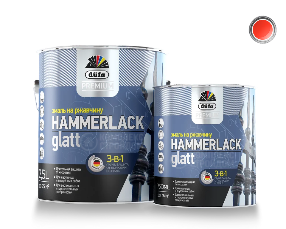 DUFA PREMIUM HAMMERLACK 3в1 эмаль на ржавчину гладкая красная 2.5 л.