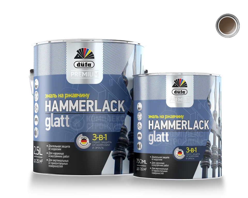 Эмаль Dufa Hammerlack, на ржавчину, алкидная, гладкая, Коричневая 2,5 л