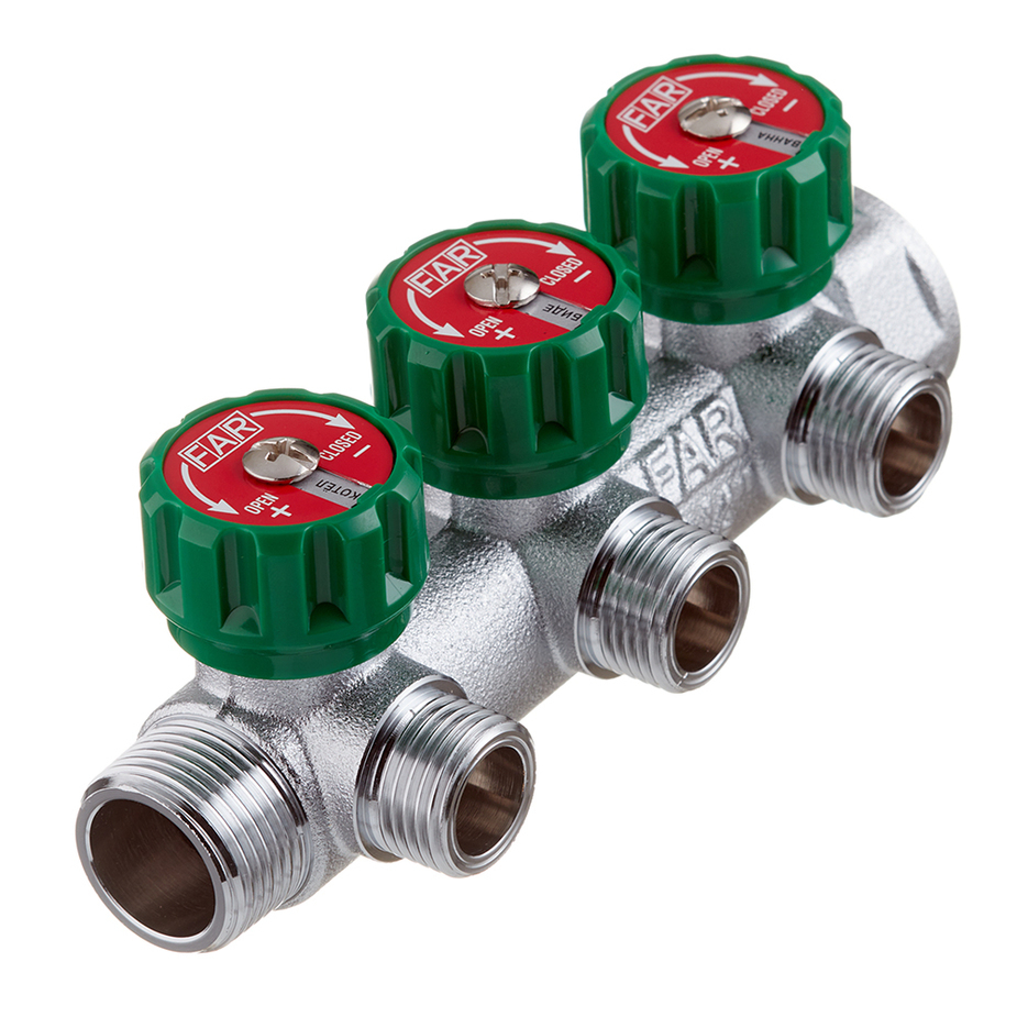 Коллектор FAR 3/4″x1/2″ на 3 выхода «плоское уплотнение» (ВР-НР) FK 3822 3412TP