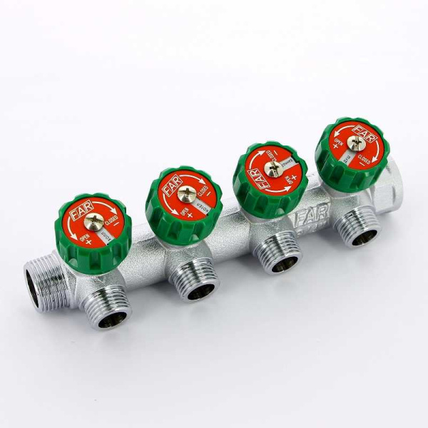 Коллектор FAR 3/4″x1/2″ на 4 выхода «плоское уплотнение» (ВР-НР) FK 3824 3412TP