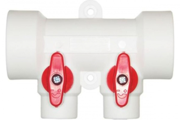 Коллектор полипропиленовый 32 с краном на 2 выходом (цвет ручек красный)