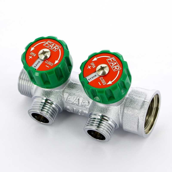 Коллектор FAR 3/4″x1/2″ на 2 выхода «плоское уплотнение» (ВР-НР) FK 3821 3412TP
