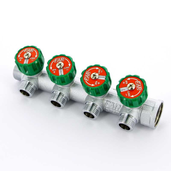 Коллектор FAR 3/4″x1/2″ на 4 выхода «плоское уплотнение» (ВР-НР) FK 3824 3412TP