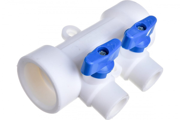 Коллектор полипропиленовый 32 с краном на 2 выходом (цвет ручек синий)