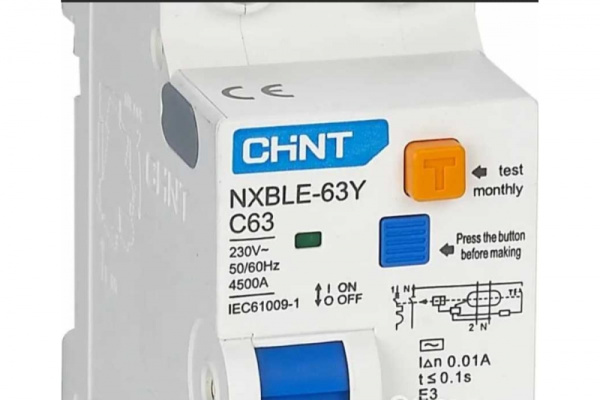 Выключатель авт. диф. тока NXBLE -63Y CHINT 1п+N С20А 30мА тип АС 4.5кА