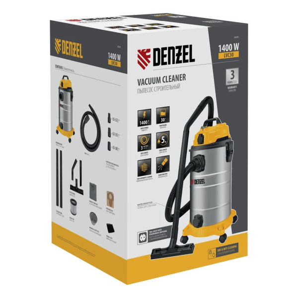 Пылесос LVC30, 1400 Вт, 30л, шланг 3м Denzel